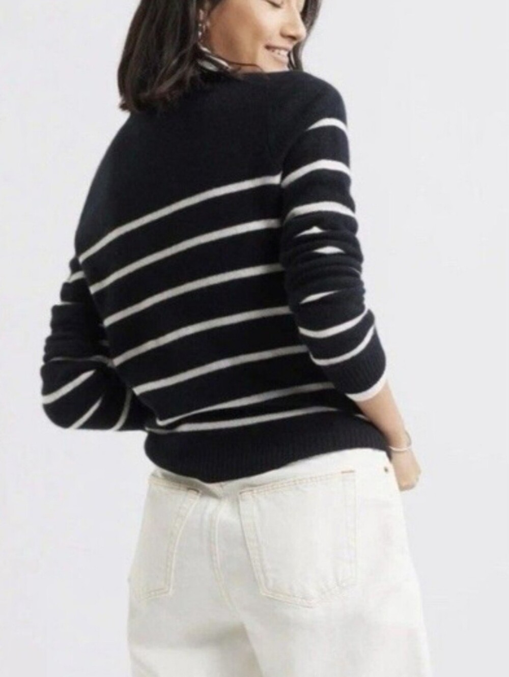 CASLON Black White Striped 100% Cashmere Crewneck Sweater Women's Size XL - Picture 2 of 13